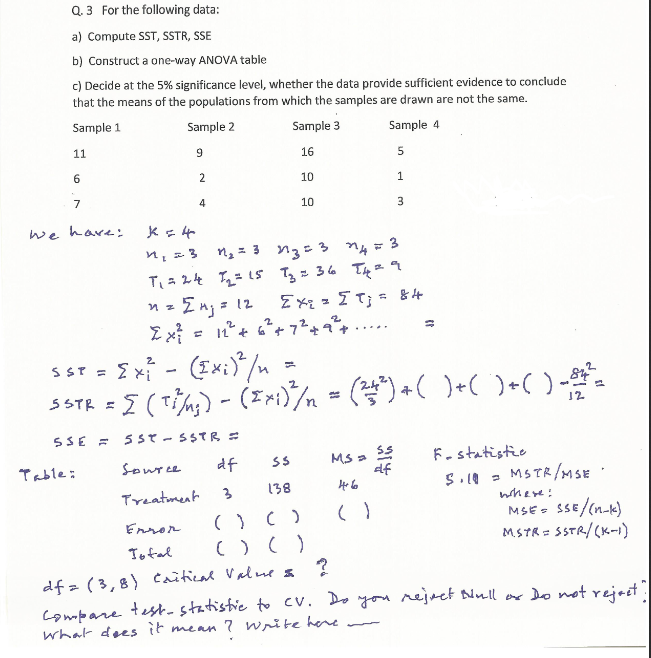 Q.3 For the following data:
a) Compute SST, SSTR, SSE
b) Construct a one-way ANOVA table
c) Decide at the 5% significance level, whether the data provide sufficient evidence to conclude
that the means of the populations from which the samples are drawn are not the same.
Sample 1
Sample 2
Sample 3
Sample 4
11
16
6
2
10
7
4
10
3.
we have:
ng = 3 n3= 3 n4 = 3
Ta 24 = 1s Ty= 36 THa9
n z Enj = 12 Exz= IT;= &4
.....
Ex - (Ex:*/n =
SSTR = I (Tim;) - (Iri)/n = ()+( )+( )+( ) --
2.
SST =
12
SSE =
5sT - SSTR =
Fostatistic
df
MS 2
df
:عاطء
Souree
SS
MSTR/MSE
138
Treatment
where:
MSE- SSE/(n-k)
MSTR = SSTR/(K-1)
Enron
Tofal
df z ( 3, 8) caitical Valme s ?
Compare test- statistic to cv. Do you rejuctNull or Do not rejrit
what dees it mean ? write here
