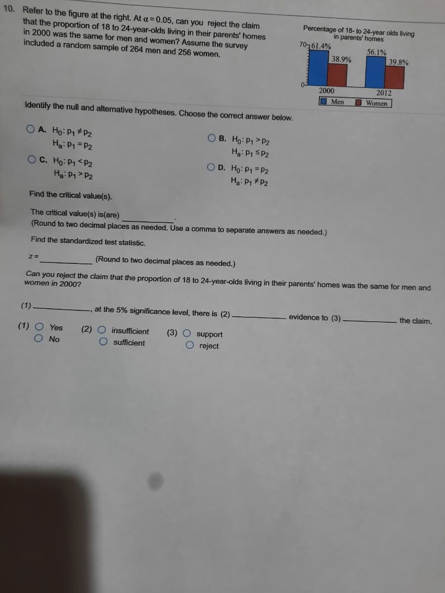 10. Refer to the figure at the right. At a =0.05, can you reject the claim
that the proportion of 18 to 24-year-olds living in their parents' homes
in 2000 was the same for men and women? Assume the survey
included a random sample of 264 men and 256 women.
Percentage of 18- to 24-year olds living
in parents' homes
70-61.4%
56.1%
39.8%
38.9%
2000
2012
Men
Women
Identify the null and altenative hypotheses. Choose the correct answer below.
O A. Ho: P1 #P2
Ha: P1 = P2
O B. Ho: P1 > P2
Ha: P1 SP2
OC. Ho:P1 <P2
OD. Ho: P1 = P2
Ha: P1 #P2
Ha: P1>P2
Find the critical value(s).
The critical value(s) is(are)
(Round to two decimal places as needed. Use a comma to separate answers as needed.)
Find the standardized test statistic.
(Round to two decimal places as needed.)
Can you reject the claim that the proportion of 18 to 24-year-olds living in their parents' homes was the same for men and
women in 2000?
(1)
at the 5% significance level, there is (2).
evidence to (3).
the claim.
(1) O Yes
ONo
(2) O insufficient
(3)
support
sufficient
O reject
