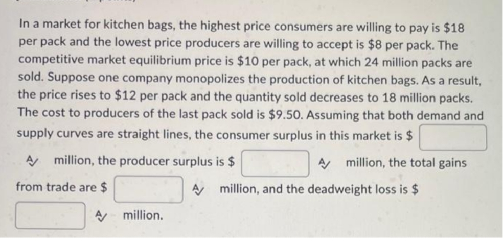 In a market for kitchen bags, the highest price consumers are willing to pay is $18
per pack and the lowest price producers are willing to accept is $8 per pack. The
competitive market equilibrium price is $10 per pack, at which 24 million packs are
sold. Suppose one company monopolizes the production of kitchen bags. As a result,
the price rises to $12 per pack and the quantity sold decreases to 18 million packs.
The cost to producers of the last pack sold is $9.50. Assuming that both demand and
supply curves are straight lines, the consumer surplus in this market is $
A million, the producer surplus is $
A million, the total gains
from trade are $
A million, and the deadweight loss is $
A million.