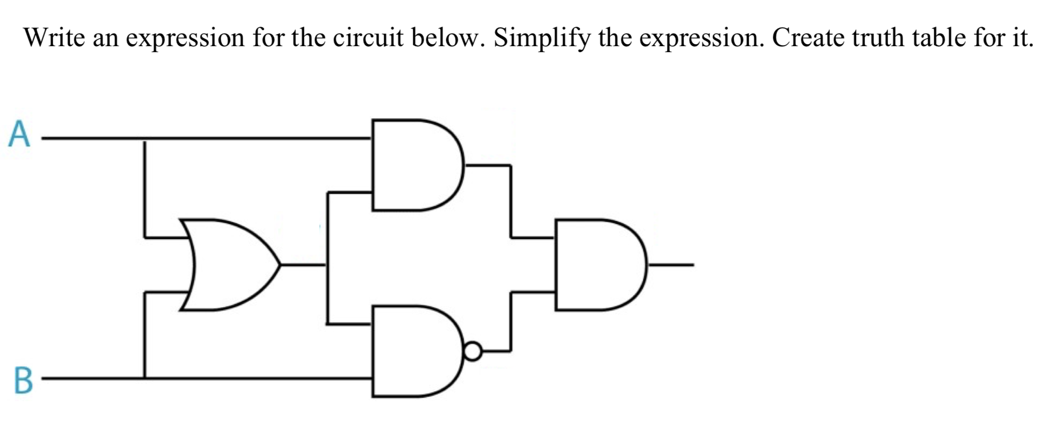 Write an expression for the circuit below. Simplify the expression. Create truth table for it.
D-
