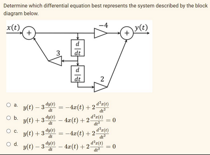 Determine which differential equation best represents the system described by the block
diagram below.
x(t)
O a.
O b.
O C.
O d.
+
y(t) - 3.
y(t) + 3 dy(t)
dt
y(t) - 3
3
dy(t)
dt
d
dt
=
d
dt
dy(t)
-4x(t) + 2-
dt
y(t) + 3 dy(t) — 4x(t) + 2 d²x(t)
dt²
-4
2
d²x(t)
dt²
= -4x(t) + 2-
4x(t) + 2-
d²r(t)
dt²
d²r(t)
dt²
= 0
= 0
) y(t),
+