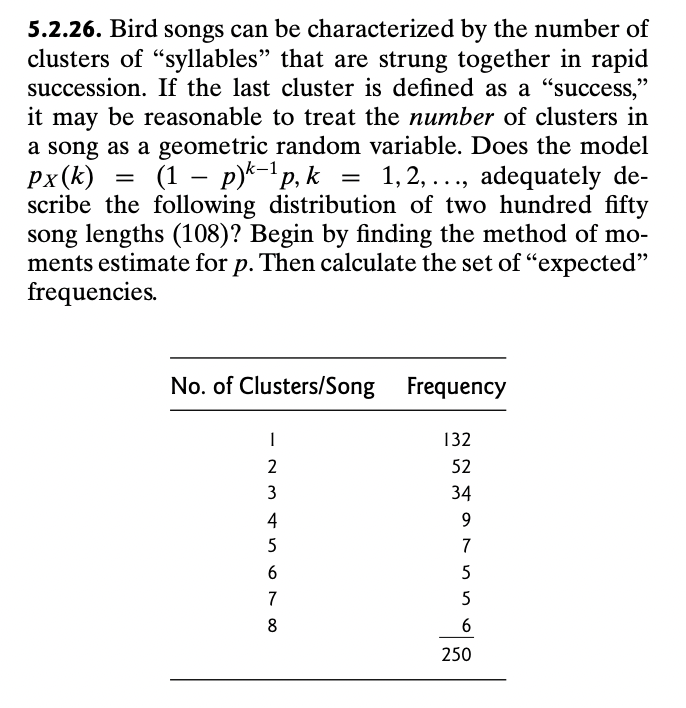 5.2.26. Bird songs can be characterized by the number of
clusters of "syllables" that are strung together in rapid
succession. If the last cluster is defined as a "success,"
it may be reasonable to treat the number of clusters in
a song as a geometric random variable. Does the model
Px(k) (1 - p)k-1p, k 1, 2,..., adequately de-
scribe the following distribution of two hundred fifty
song lengths (108)? Begin by finding the method of mo-
ments estimate for p. Then calculate the set of "expected"
frequencies.
=
=
No. of Clusters/Song Frequency
|
132
234567 ∞
52
34
4
9
7
5
5
8
6
250