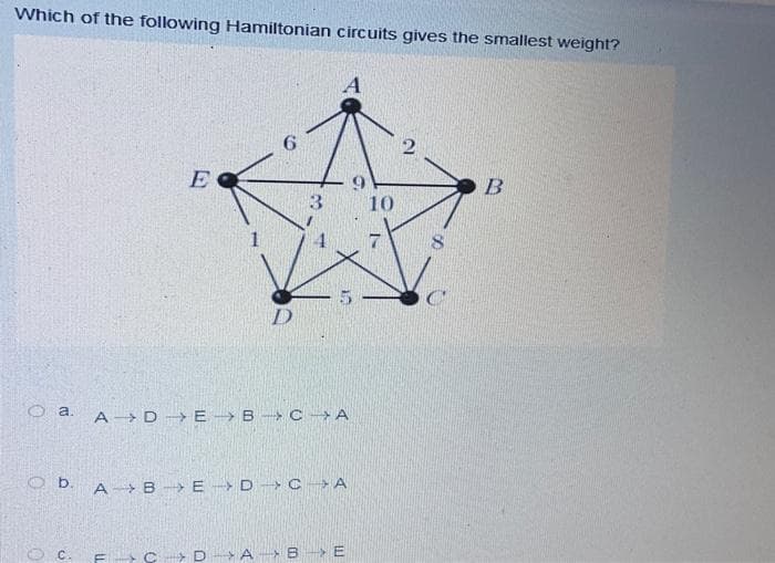 Which of the following Hamiltonian circuits gives the smallest weight?
E
3
10
Oa. A DEBCA
b. A B E D C A
C. FCDAB > E
10
2
8
B