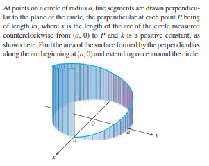 At points on a circle of radius a, line segments are drawn perpendicu-
lar to the plane of the circle, the perpendicular at cach point P being
of length ks, where s is the length of the arc of the circle measured
counterclockwise from (a, 0) to P and k is a positive constant, as
shown here. Find the area of the surface formed by the perpendiculars
along the arc beginning at (a, 0) and extending once around the circle.
