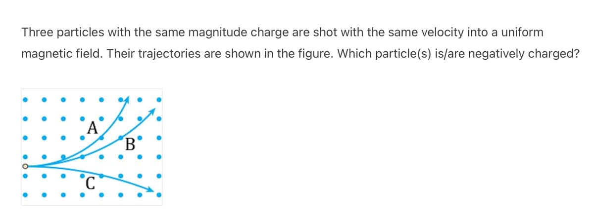 Three particles with the same magnitude charge are shot with the same velocity into a uniform
magnetic field. Their trajectories are shown in the figure. Which particle(s) is/are negatively charged?
