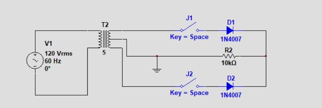 J1
D1
T2
Key = Space
%3D
1N4007
V1
R2
120 Vrms
60 Hz
0°
J2
D2
Key = Space
1N4007
