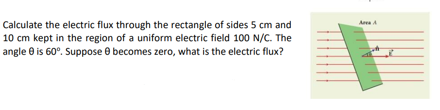 Area A
Calculate the electric flux through the rectangle of sides 5 cm and
10 cm kept in the region of a uniform electric field 100 N/C. The
angle 0 is 60°. Suppose 0 becomes zero, what is the electric flux?
