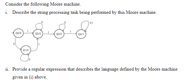 Consider the following Moore machine.
i. Describe the string processing task being performed by this Moore machine.
0,1
Q2/0
Q3/0
04/1
Q1/0
ii. Provide a regular expression that describes the language defined by the Moore machine
given in (i) above.
