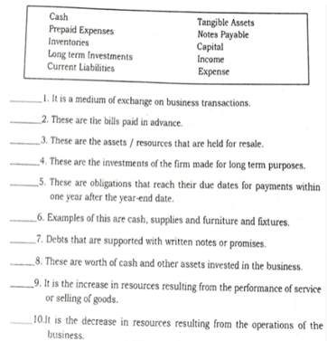 Cash
Tangible Assets
Notes Payable
Саpital
Income
Prepaid Expenses
Inventories
Long term Investments
Current Liabilities
Еxpense
1. It is a medium of exchange on business transactions.
2. These are the bills paid in advance.
3. These are the assets / resources that are held for resale.
_4. These are the investments of the firm made for long term purposes.
_5. These are obligations that reach their due dates for payments within
one year after the year-end date.
_6. Examples of this are cash, supplies and furniture and fixtures.
_7. Debts that are supported with written notes or promises.
_8. These are worth of cash and other assets invested in the business.
_9. It is the increase in resources resulting from the performance of service
or selling of goods.
_10.lt is the decrease in resources resulting from the operations of the
business.
