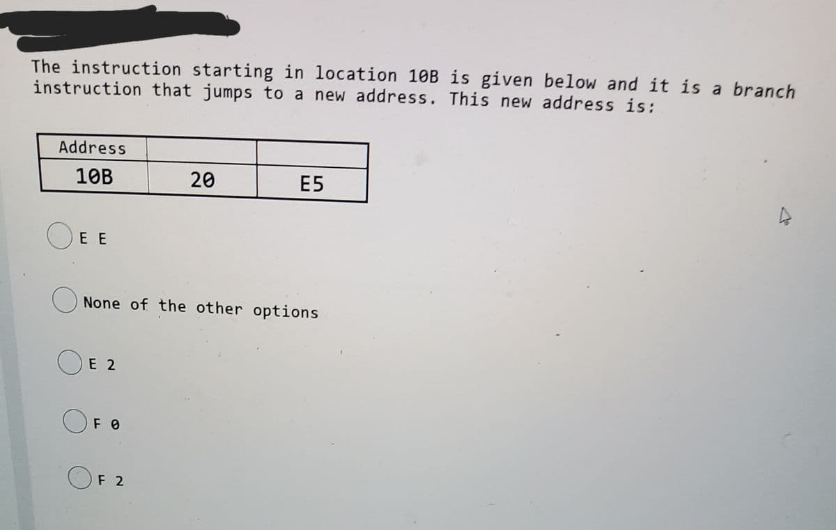 The instruction starting in location 10B is given below and it is a branch
instruction that jumps to a new address. This new address is:
Address
10B
20
E5
E E
None of the other options
E 2
OF 0
F 2
