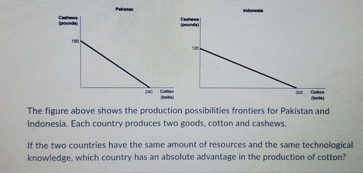 Cashews
(pounds)
150
Pakistan
240 Cotton
(bolts)
Cashews
(pounds)
120
Indonesia
320 Cotton
(bolts)
The figure above shows the production possibilities frontiers for Pakistan and
Indonesia. Each country produces two goods, cotton and cashews.
If the two countries have the same amount of resources and the same technological
knowledge, which country has an absolute advantage in the production of cotton?