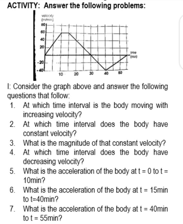 ACTIVITY: Answer the following problems:
velocity
(mrin)
60
40
20
ome
(min)
-20
10
20
30
40
I: Consider the graph above and answer the following
questions that follow:
1. At which time interval is the body moving with
increasing velocity?
2. At which time interval does the body have
constant velocity?
3. What is the magnitude of that constant velocity?
4. At which time interval does the body have
decreasing velocity?
5. What is the acceleration of the body at t = 0 to t =
10min?
6. What is the acceleration of the body at t = 15min
to t=40min?
7. What is the acceleration of the body at t = 40min
to t = 55min?
8 유8
