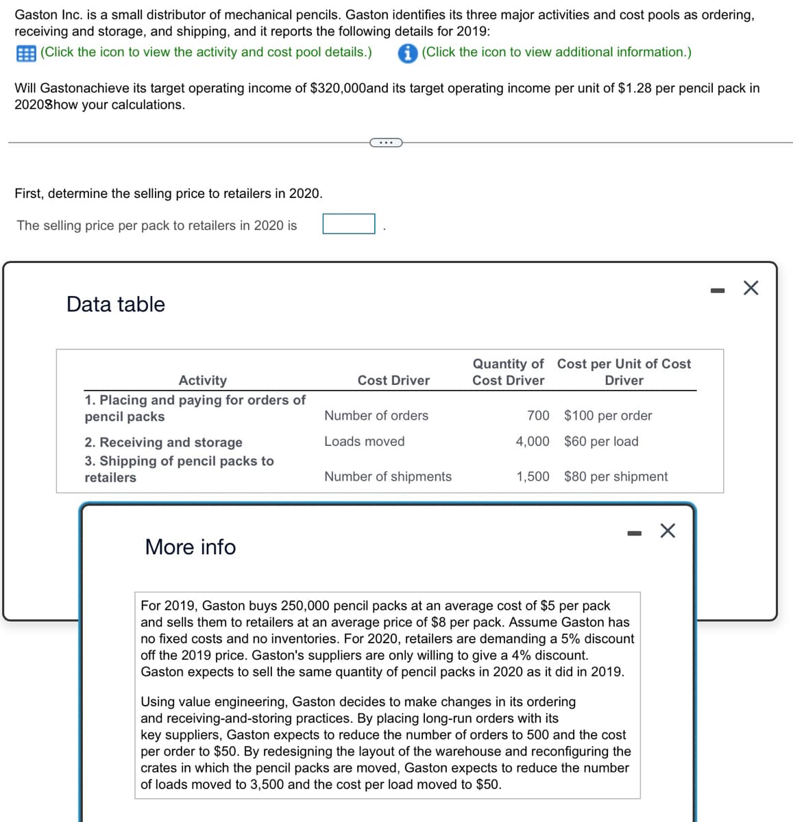 Gaston Inc. is a small distributor of mechanical pencils. Gaston identifies its three major activities and cost pools as ordering,
receiving and storage, and shipping, and it reports the following details for 2019:
(Click the icon to view the activity and cost pool details.)
(Click the icon to view additional information.)
Will Gastonachieve its target operating income of $320,000 and its target operating income per unit of $1.28 per pencil pack in
2020Show your calculations.
First, determine the selling price to retailers in 2020.
The selling price per pack to retailers in 2020 is
Data table
Activity
1. Placing and paying for orders of
pencil packs
Cost Driver
Number of orders
Quantity of Cost per Unit of Cost
Cost Driver
Driver
2. Receiving and storage
Loads moved
700 $100 per order
4,000 $60 per load
3. Shipping of pencil packs to
retailers
Number of shipments
1,500 $80 per shipment
More info
For 2019, Gaston buys 250,000 pencil packs at an average cost of $5 per pack
and sells them to retailers at an average price of $8 per pack. Assume Gaston has
no fixed costs and no inventories. For 2020, retailers are demanding a 5% discount
off the 2019 price. Gaston's suppliers are only willing to give a 4% discount.
Gaston expects to sell the same quantity of pencil packs in 2020 as it did in 2019.
Using value engineering, Gaston decides to make changes in its ordering
and receiving-and-storing practices. By placing long-run orders with its
key suppliers, Gaston expects to reduce the number of orders to 500 and the cost
per order to $50. By redesigning the layout of the warehouse and reconfiguring the
crates in which the pencil packs are moved, Gaston expects to reduce the number
of loads moved to 3,500 and the cost per load moved to $50.
-
☑