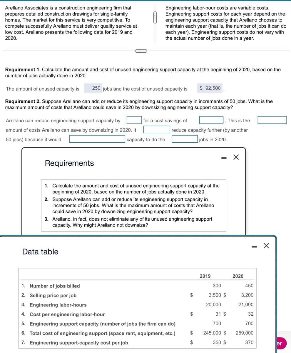 Arellano Associates is a construction engineering firm that
prepares detailed construction drawings for single-family
homes. The market for this service is very competitive. To
compete successfully Arellano must deliver quality service at
low cost. Arellano presents the following data for 2019 and
2020.
Engineering labor-hour costs are variable costs.
Engineering support costs for each year depend on the
engineering support capacity that Arellano chooses to
maintain each year (that is, the number of jobs it can do
each year). Engineering support costs do not vary with
the actual number of jobs done in a year.
Requirement 1. Calculate the amount and cost of unused engineering support capacity at the beginning of 2020, based on the
number of jobs actually done in 2020.
250 jobs and the cost of unused capacity is
$ 92,500
The amount of unused capacity is
Requirement 2. Suppose Arellano can add or reduce its engineering support capacity in increments of 50 jobs. What is the
maximum amount of costs that Arellano could save in 2020 by downsizing engineering support capacity?
Arellano can reduce engineering support capacity by
amount of costs Arellano can save by downsizing in 2020. It
50 jobs) because it would
for a cost savings of
This is the
capacity to do the
reduce capacity further (by another
jobs in 2020.
Requirements
1. Calculate the amount and cost of unused engineering support capacity at the
beginning of 2020, based on the number of jobs actually done in 2020.
2. Suppose Arellano can add or reduce its engineering support capacity in
increments of 50 jobs. What is the maximum amount of costs that Arellano
could save in 2020 by downsizing engineering support capacity?
3. Arellano, in fact, does not eliminate any of its unused engineering support
capacity. Why might Arellano not downsize?
Data table
-
-
2019
2020
1. Number of jobs billed
2. Selling price per job
300
450
$
3,500 $
3,200
3. Engineering labor-hours
20,000
21,000
4. Cost per engineering labor-hour
5. Engineering support capacity (number of jobs the firm can do)
31 $
700
32
700
6. Total cost of engineering support (space rent, equipment, etc.)
$
245,000 $
259,000
7. Engineering support-capacity cost per job
350 $
370
er