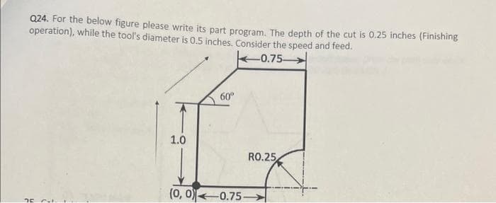 Q24. For the below figure please write its part program. The depth of the cut is 0.25 inches (Finishing
operation), while the tool's diameter is 0.5 inches. Consider the speed and feed.
-0.75-
- -
1.0
60⁰
RO.25
(0, 0) 0.75-