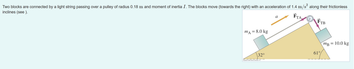 FTA
FTB
Two blocks are connected by a light string passing over a pulley of radius 0.18 m and moment of inertia I. The blocks move (towards the right) with an acceleration of 1.4 m/s² along their frictionless
inclines (see).
mA = 8.0 kg
32°
Copyright © 2008 Pearson Education, Inc.
a
61%
mB = 10.0 kg