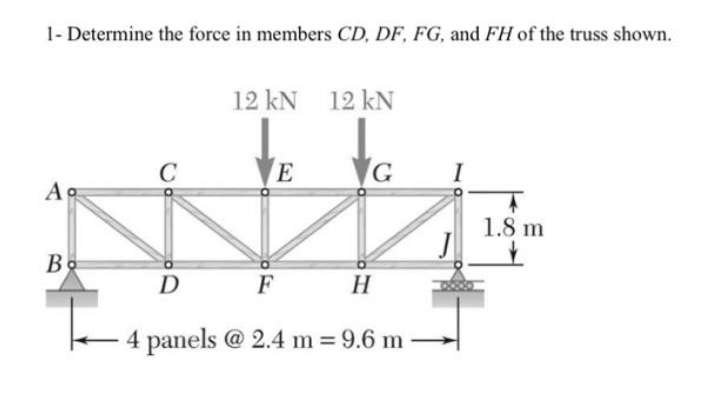 1- Determine the force in members CD, DF, FG, and FH of the truss shown.
A
B
C
12 kN 12 kN
E
G
D
F
H
4 panels @ 2.4 m = 9.6 m
1.8 m