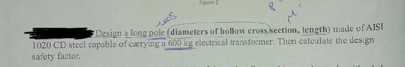 PROS
Figure 1
8
Design a long pole (diameters of hollow cross section, length) made of AISI
1020 CD steel capable of carrying a 600 kg electrical transformer. Then calculate the design
safety factor.