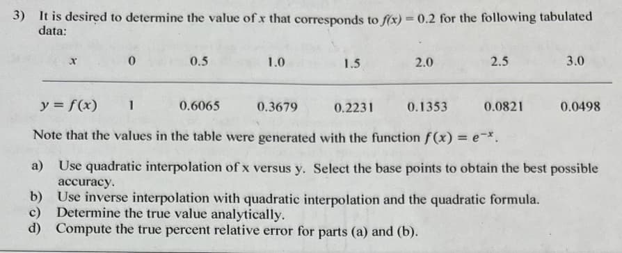 3) It is desired to determine the value of x that corresponds to f(x) = 0.2 for the following tabulated
data:
0
0.5
1.0
0.6065
1.5
2.0
2.5
y = f(x)
1
0.3679
0.2231
0.1353
Note that the values in the table were generated with the function f(x) = e-*.
0.0821
3.0
0.0498
a) Use quadratic interpolation of x versus y. Select the base points to obtain the best possible
accuracy.
b)
Use inverse interpolation with quadratic interpolation and the quadratic formula.
c) Determine the true value analytically.
d) Compute the true percent relative error for parts (a) and (b).