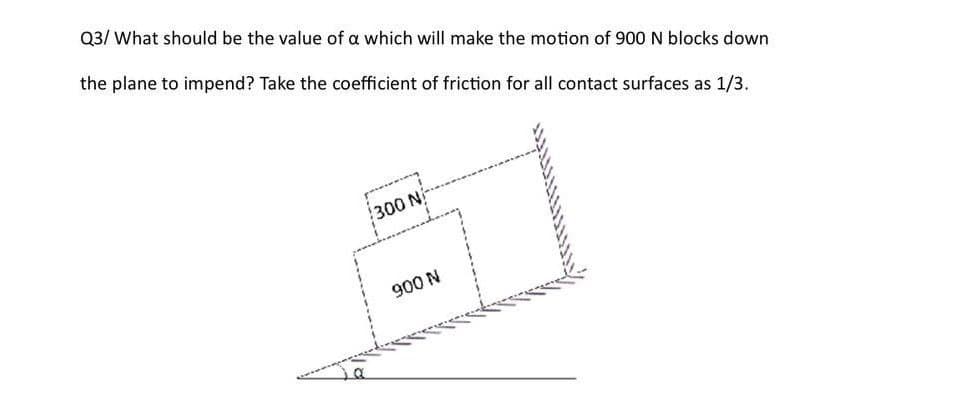 Q3/ What should be the value of a which will make the motion of 900 N blocks down
the plane to impend? Take the coefficient of friction for all contact surfaces as 1/3.
300 N
900 N