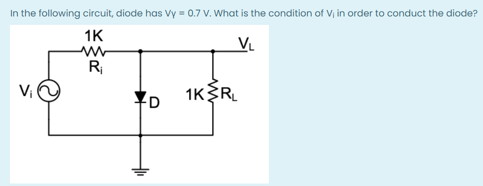 In the following circuit, diode has Vy = 0.7 V. What is the condition of V¡ in order to conduct the diode?
1K
V.
R;
Vi
1KR.
D
