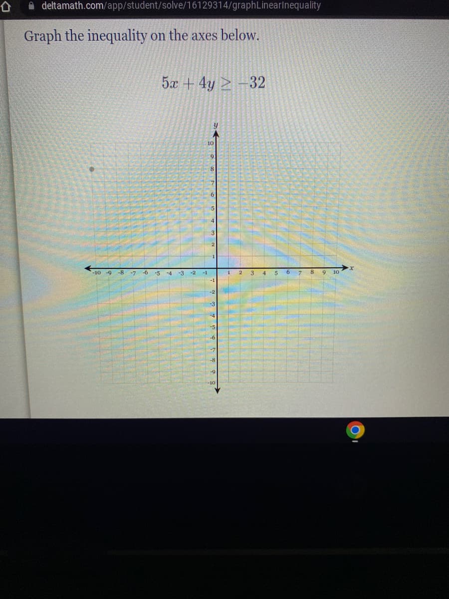 D
deltamath.com/app/student/solve/16129314/graphLinearInequality
Graph the inequality on the axes below.
5x + 4y -32
10
-10-9-8
-7
-6
-5
-4
-3
-2
-1
9
8
-9
-10
2 3
4
5
6
7
8
9 10