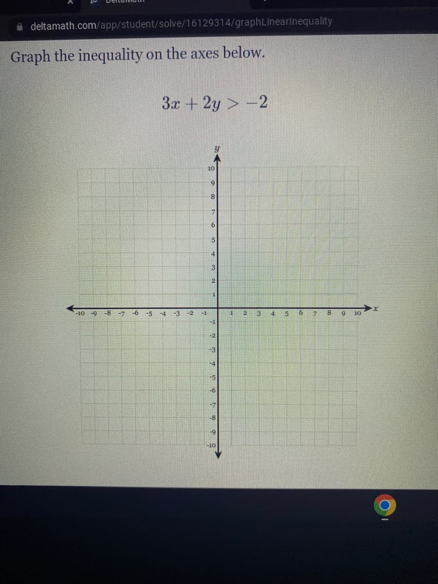 deltamath.com/app/student/solve/16129314/graphLinearInequality
Graph the inequality on the axes below.
3x +2y > -2
y
-10 -9 -8 -7
-6
-5
-4
-3
-2
-1
10
9
8
7
6
5
4
3
-1
-5
-b
-7
-8
-10
1
2
3
4
5
6
7
8
9
10