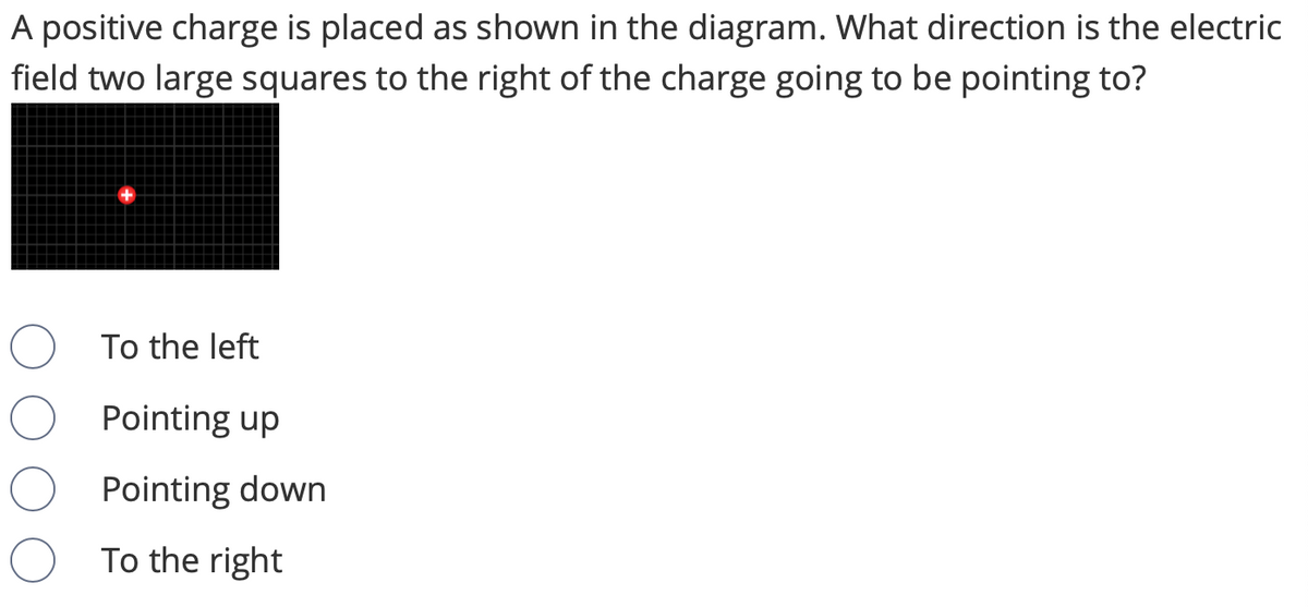 ### Understanding Electric Fields Around Positive Charges

#### Concept Overview

When a positive charge is placed in a region, it creates an electric field around it. The direction of the electric field at any point around a positive charge is away from the charge. This field influences other charges placed in the vicinity.

#### Problem Statement

A positive charge is placed as shown in the diagram. What direction is the electric field two large squares to the right of the charge going to be pointing to?

![Diagram](attachment:image.png)

#### Options:

1. To the left
2. Pointing up
3. Pointing down
4. To the right

#### Explanation of Diagram

The diagram displays a positive charge represented by a red plus sign (+) located at the center of a grid. The grid is divided into large squares.

#### Answering the Question

To determine the direction of the electric field two large squares to the right of the positive charge, consider the properties of electric fields around positive charges:

- The electric field created by a positive charge radiates outward.

Therefore, two large squares to the right of the positive charge, the electric field will be:

- **To the right** (Option 4)

This direction is due to the nature of electric fields around positive charges, which always point away from the charge.