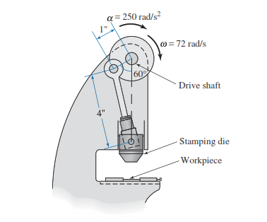 a= 250 rad/s?
0 = 72 rad/s
60
· Drive shaft
4"
- Stamping die
- Workpiece
