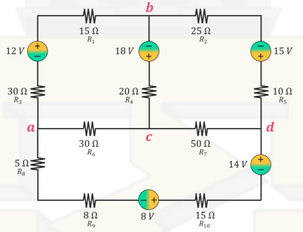 b
15 N
R1
25 N
R2
15 V
12 V
18 V
30 Ω
R3
20 Ω
R4
10 N
R5
Wr
d
a
C
30 Ω
R6
50 Ω
R7
14 V
5N:
Rg
15 N
R10
8 V
R9
W-
