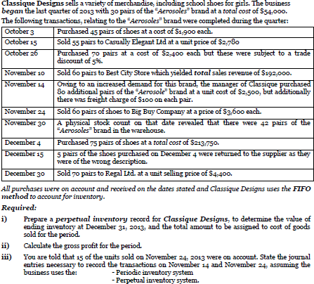 Classique Designs sells a variety of merchandise, including school shoes for girls. The business
began the last quarter of 2013 with 30 pairs of the "Aerosoles" brand at a total cost of $54,000.
The following transactions, relating to the "Aerosoles" brand were completed during the quarter:
October 3
October 15
Purchased 45 pairs of shoes at a cost of $1,900 each.
Sold 55 pairs to Casually Elegant Ltd at a unit price of $2,780
Purchased 70 pairs at a cost of $2,400 each but these were subject to a trade
October 26
discount of 5%.
November 10
Sold 60 pairs to Best City Store which yielded total sales revenue of $192,000.
Owing to an increased demand for this brand, the manager of Classique purchased
8o additional pairs of the "Aerosole" brand at a unit cost of $2,500, but additionally
there was freight charge of $10o on each pair.
November 14
November 24
Sold 60 pairs of shoes to Big Buy Company at a price of $3,600 each.
November 30
A physical stock count on that date revealed that there were 42 pairs of the
"Aerosoles" brand in the warehouse.
December 4
Purchased 75 pairs of shoes at a total cost of $213,750.
December 15
5 pairs of the shoes purchased on December 4 were returned to the supplier as they
were of the wrong description.
December 30
Sold 70 pairs to Regal Ltd. at a unit selling price of $4400.
All purchases were on account and received on the dates stated and Classique Designs uses the FIFO
method to account for inventory.
Required:
i)
Prepare a perpetual inventory record for Classique Designs, to determine the value of
ending inventory at December 31, 2013, and the total amount to be assigned to cost of goods
sold for the period.
ii) Calculate the gross profit for the period.
iii)
You are told that 15 of the units sold on November 24, 2013 were on account. State the journal
entries necessary to record the transactions on November 14 and November 24, assuming the
business uses the:
- Periodic inventory system
- Perpetual inventory system.
