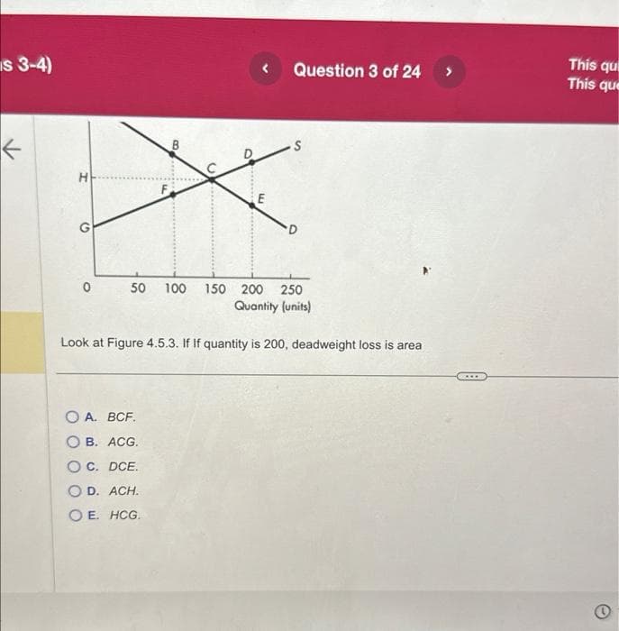 is 3-4)
←
H
G
0
F
B
50 100
OA. BCF.
OB. ACG.
OC. DCE.
O D. ACH.
O E. HCG.
o
Question 3 of 24
150 200 250
Quantity (units)
Look at Figure 4.5.3. If If quantity is 200, deadweight loss is area
S
This qui
This que