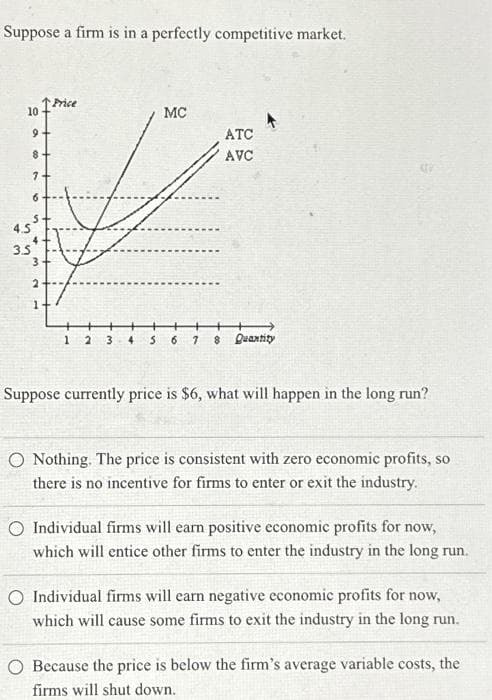 Suppose a firm is in a perfectly competitive market.
10 Price
9-
8
4.5³
3.5
MC
ATC
AVC
123 4 5 6 7 8 Quantity
Suppose currently price is $6, what will happen in the long run?
O Nothing. The price is consistent with zero economic profits, so
there is no incentive for firms to enter or exit the industry.
O Individual firms will earn positive economic profits for now,
which will entice other firms to enter the industry in the long run.
O Individual firms will earn negative economic profits for now,
which will cause some firms to exit the industry in the long run.
O Because the price is below the firm's average variable costs, the
firms will shut down.