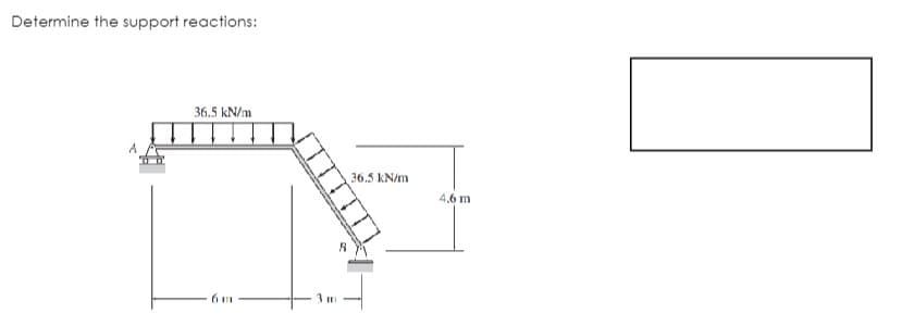 Determine the support reactions:
36.5 kN/m
6 m
36.5 kN/m
4.6 m