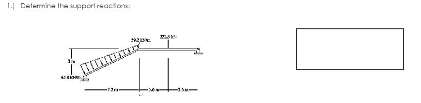 1.) Determine the support reactions:
3m
41.8 kN/m
TIY
117
29.2 kN/m
7.2 m
A
3.6 m
2.22.5 KN
-3.6m-