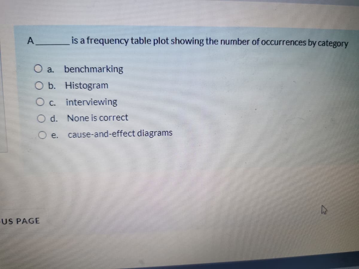 A is a frequency table plot showing the number of occurrences by category
O a. benchmarking
O b. Histogram
O c. interviewing
O d. None is correct
O e.
cause-and-effect diagrams
US PAGE
