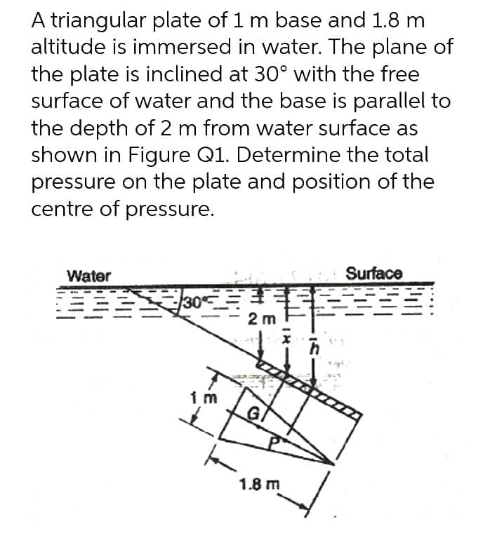 A triangular plate of 1 m base and 1.8 m
altitude is immersed in water. The plane of
the plate is inclined at 30° with the free
surface of water and the base is parallel to
the depth of 2 m from water surface as
shown in Figure Q1. Determine the total
pressure on the plate and position of the
centre of pressure.
Water
Surface
2 m
1 m
1.8 m
