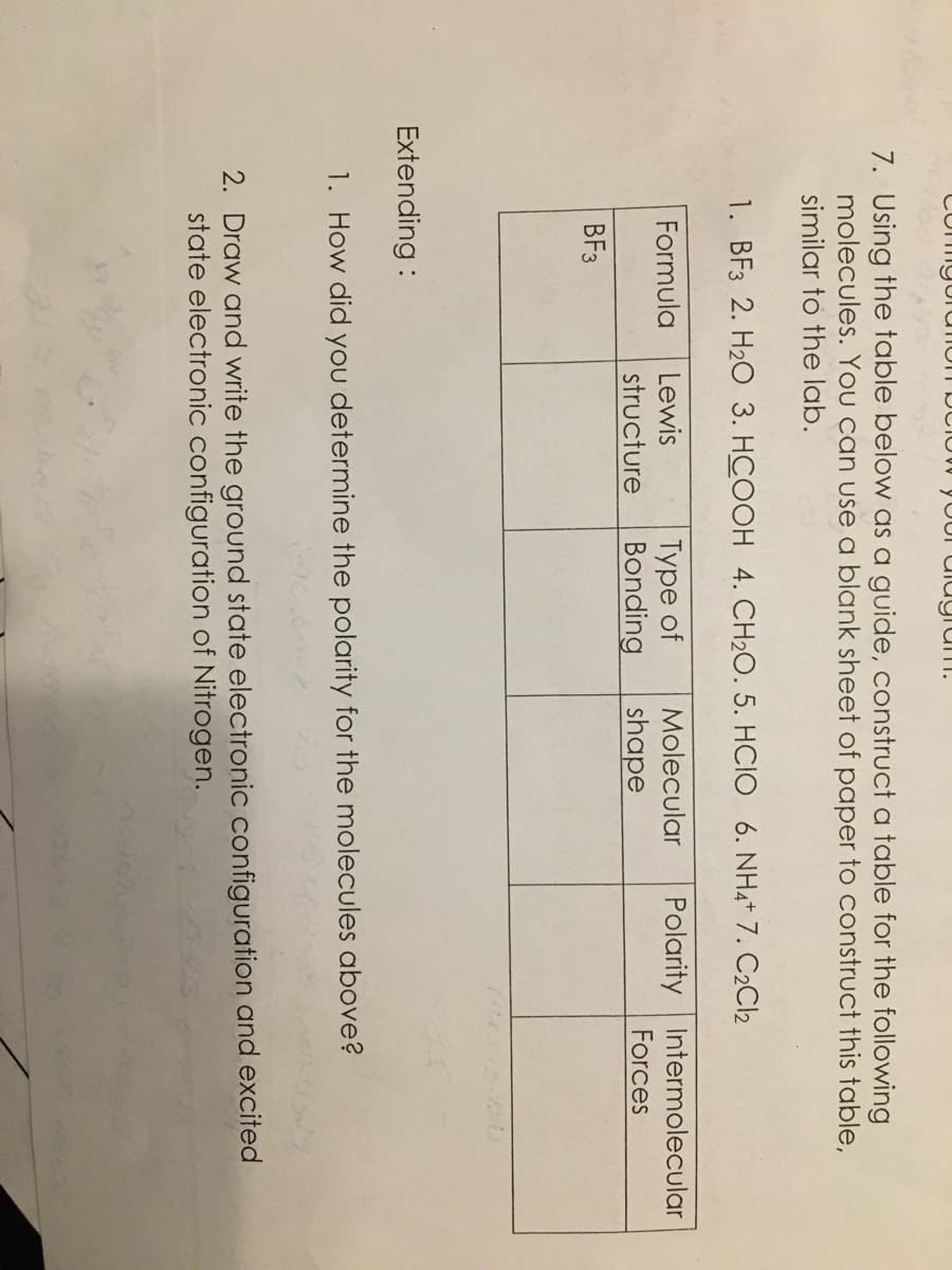 comgordon below your diagram.
7. Using the table below as a guide, construct a table for the following
molecules. You can use a blank sheet of paper to construct this table,
similar to the lab.
1. BF3 2. H2O 3. HCOOH 4. CH2O. 5. HCIO 6. NHẠt 7. C2Ch
Formula Lewis
Type of
structure Bonding
BF3
Molecular Polarity Intermolecular
shape
Forces
Extending:
1. How did you determine the polarity for the molecules above?
2. Draw and write the ground state electronic configuration and excited
state electronic configuration of Nitrogen.