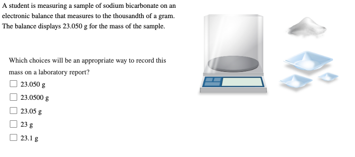 A student is measuring a sample of sodium bicarbonate on an
electronic balance that measures to the thousandth of a gram.
The balance displays 23.050 g for the mass of the sample.
Which choices will be an appropriate way to record this
mass on a laboratory report?
23.050 g
23.0500 g
23.05 g
23 g
23.1 g