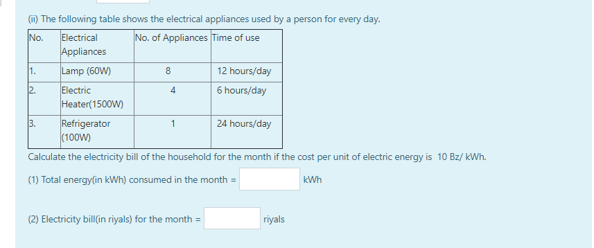 (ii) The following table shows the electrical appliances used by a person for every day.
Electrical
Appliances
No.
No. of Appliances Time of use
1.
Lamp (60W)
8
12 hours/day
Electric
Heater(1500W)
2.
4
6 hours/day
Refrigerator
(100W)
3.
1
24 hours/day
Calculate the electricity bill of the household for the month if the cost per unit of electric energy is 10 Bz/ kWh.
(1) Total energy(in kWh) consumed in the month =
kWh
(2) Electricity bill(in riyals) for the month =
riyals
