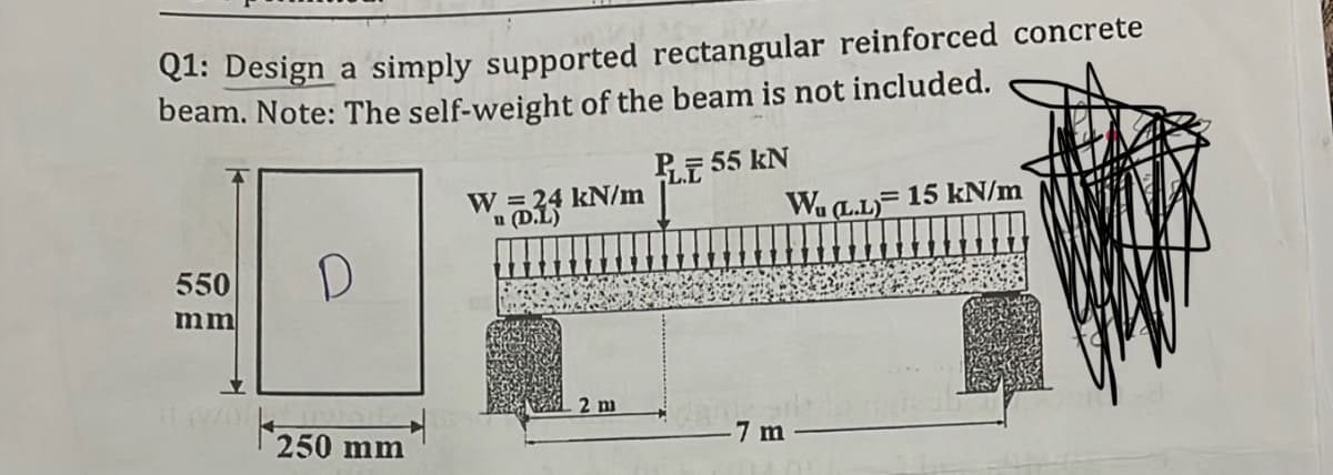 Q1: Design a simply supported rectangular reinforced concrete
beam. Note: The self-weight of the beam is not included.
RT 55 kN
W = 24 kN/m
u (D.L)
Wa L.L) 15 kN/m
550
mm
2 m
250 mm
7 m
