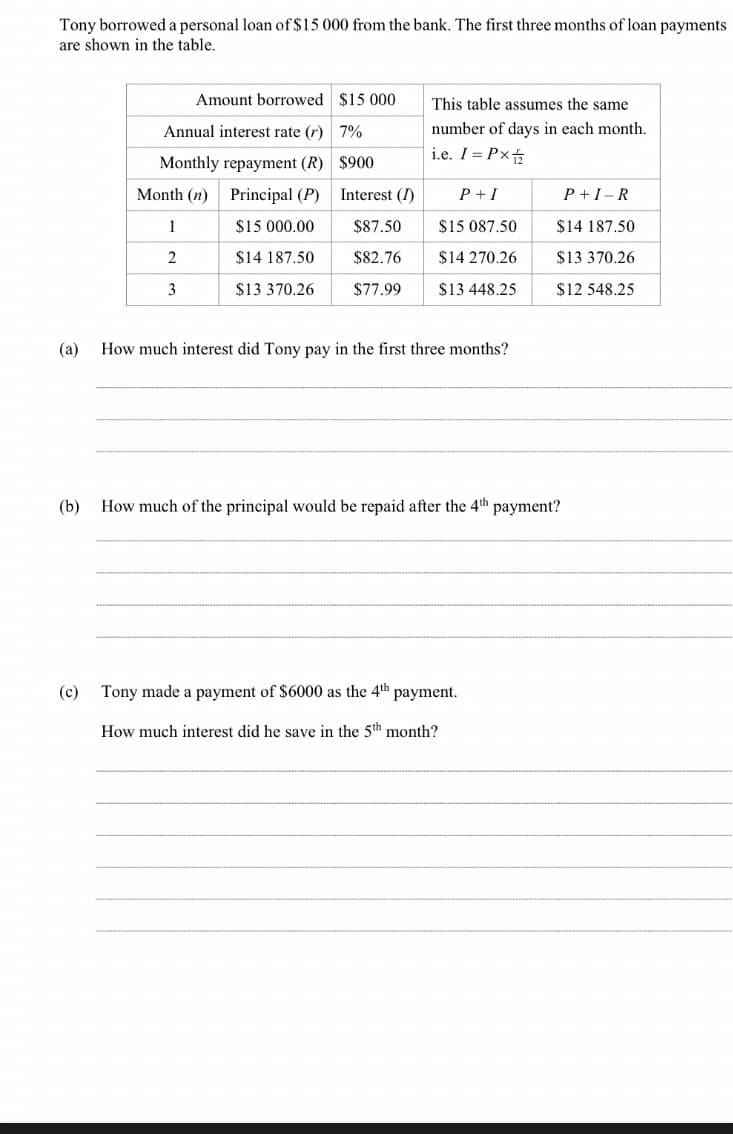 Tony borrowed a personal loan of $15 000 from the bank. The first three months of loan payments
are shown in the table.
Amount borrowed $15 000
This table assumes the same
Annual interest rate (r) 7%
number of days in each month.
i.e. I = P×
Monthly repayment (R) $900
Month (n)
Principal (P) Interest (I)
P +I
P +I-R
1
$15 000.00
$87.50
$15 087.50
$14 187.50
2
$14 187.50
$82.76
$14 270.26
$13 370.26
3
$13 370.26
$77.99
$13 448.25
$12 548.25
(a)
How much interest did Tony pay in the first three months?
(b)
How much of the principal would be repaid after the 4th payment?
(c)
Tony made a payment of $6000 as the 4th payment.
How much interest did he save in the 5th month?
