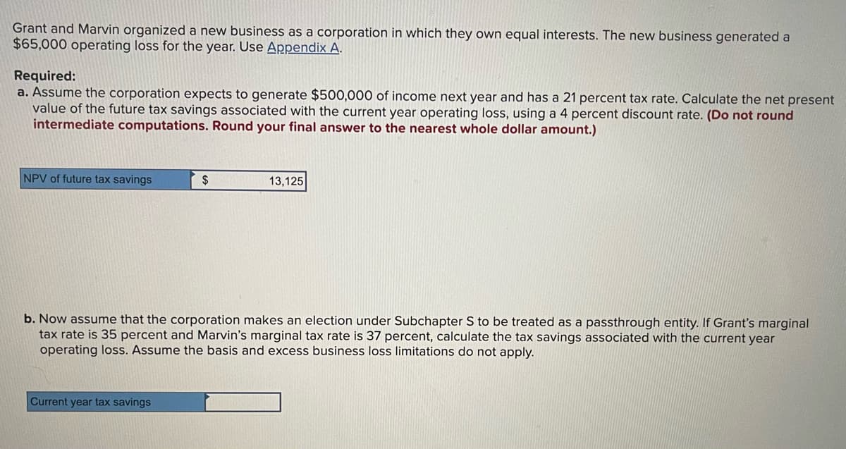 Grant and Marvin organized a new business as a corporation in which they own equal interests. The new business generated a
$65,000 operating loss for the year. Use Appendix A.
Required:
a. Assume the corporation expects to generate $500,000 of income next year and has a 21 percent tax rate. Calculate the net present
value of the future tax savings associated with the current year operating loss, using a 4 percent discount rate. (Do not round
intermediate computations. Round your final answer to the nearest whole dollar amount.)
NPV of future tax savings
2$
13,125
b. Now assume that the corporation makes an election under Subchapter S to be treated as a passthrough entity. If Grant's marginal
tax rate is 35 percent and Marvin's marginal tax rate is 37 percent, calculate the tax savings associated with the current year
operating loss. Assume the basis and excess business loss limitations do not apply.
Current year tax savings
