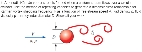 4- A periodic Kármán vortex street is formed when a uniform stream flows over a circular
cylinder. Use the method of repeating variables to generate a dimensionless relationship for
Kármán vortex shedding frequency fk as a function of free-stream speed V, fluid density p, fluid
viscosity, and cylinder diameter D. Show all your work.
V
P₂ μ
D