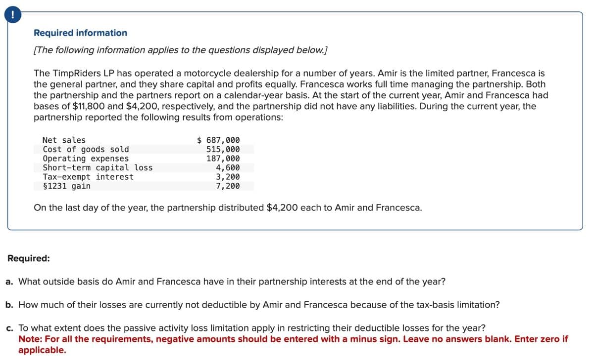 Required information
[The following information applies to the questions displayed below.]
The TimpRiders LP has operated a motorcycle dealership for a number of years. Amir is the limited partner, Francesca is
the general partner, and they share capital and profits equally. Francesca works full time managing the partnership. Both
the partnership and the partners report on a calendar-year basis. At the start of the current year, Amir and Francesca had
bases of $11,800 and $4,200, respectively, and the partnership did not have any liabilities. During the current year, the
partnership reported the following results from operations:
Net sales
Cost of goods sold
Operating expenses
Short-term capital loss
Tax-exempt interest
§1231 gain
$ 687,000
515,000
187,000
4,600
3,200
7,200
On the last day of the year, the partnership distributed $4,200 each to Amir and Francesca.
Required:
a. What outside basis do Amir and Francesca have in their partnership interests at the end of the year?
b. How much of their losses are currently not deductible by Amir and Francesca because of the tax-basis limitation?
c. To what extent does the passive activity loss limitation apply in restricting their deductible losses for the year?
Note: For all the requirements, negative amounts should be entered with a minus sign. Leave no answers blank. Enter zero if
applicable.