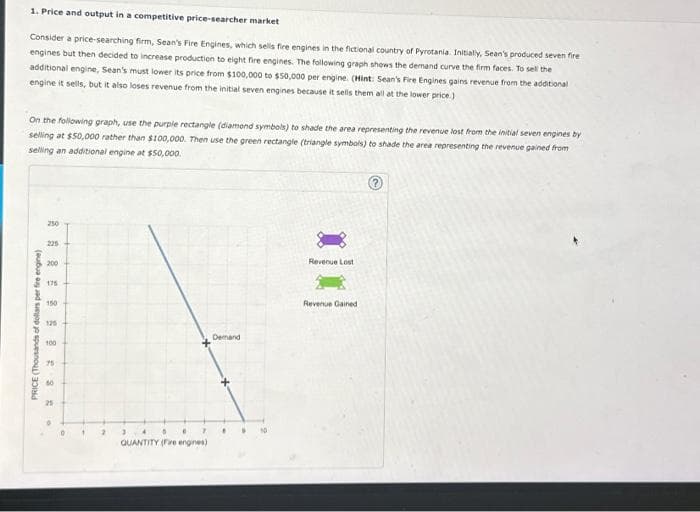 1. Price and output in a competitive price-searcher market
Consider a price-searching firm, Sean's Fire Engines, which sells fire engines in the fictional country of Pyrotania. Initially, Sean's produced seven fire
engines but then decided to increase production to eight fire engines. The following graph shows the demand curve the firm faces. To sell the
additional engine, Sean's must lower its price from $100,000 to $50,000 per engine. (Hint: Sean's Fire Engines gains revenue from the additional
engine it sells, but it also loses revenue from the initial seven engines because it sells them all at the lower price.)
On the following graph, use the purple rectangle (diamond symbols) to shade the area representing the revenue lost from the initial seven engines by
selling at $50,000 rather than $100,000. Then use the green rectangle (triangle symbols) to shade the area representing the revenue gained from
selling an additional engine at $50,000.
250
225
PRICE (Thousands of dollars per fire engine)
83
200
175
150
125
100
25
0
1
2
3 4
"
QUANTITY (Fire engines)
Demand
Revenue Lost
Revenue Gained