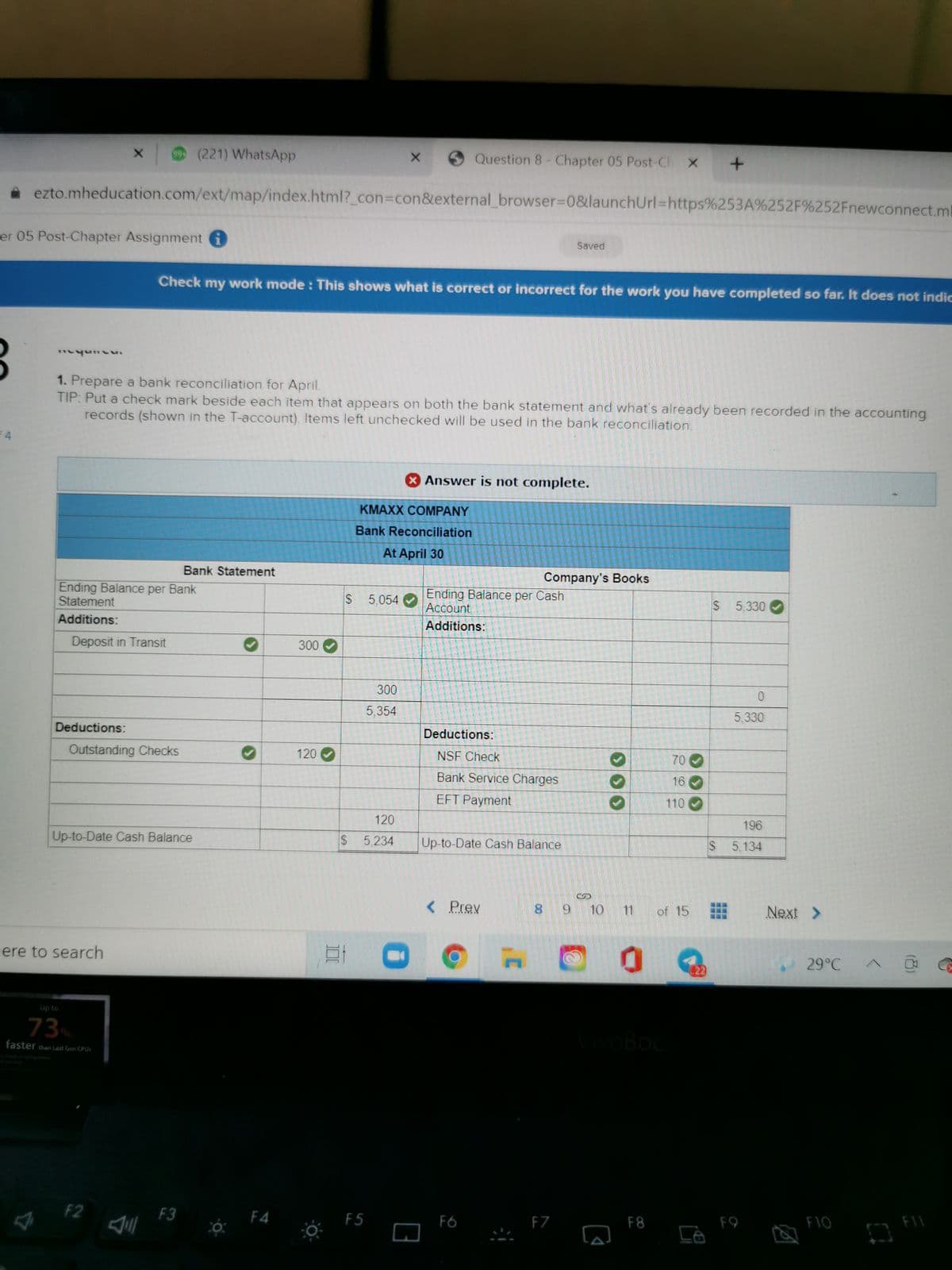 (221) WhatsApp
O Question 8- Chapter 05 Post-Ch X
ezto.mheducation.com/ext/map/index.html?_con%3Dcon&external_browser%30&launchUrl%=Dhttps%253A%252F%252Fnewconnect.ml
er 05 Post-Chapter Assignment
Saved
Check my work mode : This shows what is correct or incorrect for the work you have completed so far. It does not indic
1. Prepare a bank reconciliation for April.
TIP: Put
check mark beside each item that appears on both the bank statement and what's already been recorded in the accounting
records (shown in the T-account). Items left unchecked will be used in the bank reconciliation.
X Answer is not complete.
КМАХХ СОМPANY
Bank Reconciliation
At April 30
Bank Statement
Company's Books
Ending Balance per Bank
Statement
Ending Balance per Cash
Account
Additions:
S 5,054
$ 5.330
Additions:
Deposit in Transit
300
300
5,354
5,330
Deductions:
Deductions:
Outstanding Checks
120
NSF Check
70
Bank Service Charges
16
EFT Payment
110
120
196
Up-to-Date Cash Balance
$ 5,234
Up-to-Date Cash Balance
$ 5,134
%24
< Prev
8.
10
11
of 15
Next >
ere to search
29°C
22
Up to
73
VIvOBoc
faster than Last Gen CPUS
F2
F3
F4
F5
F6
F7
F8
F9
F1O
...
00
4.
