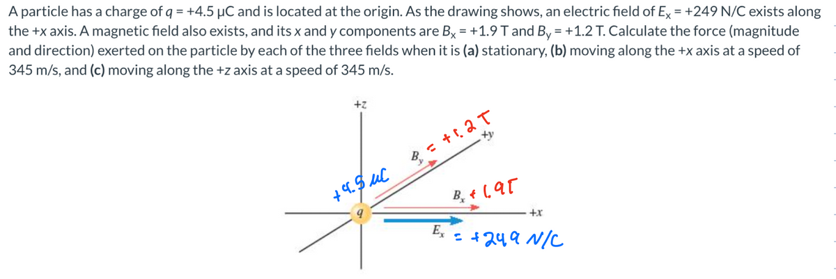 A particle has a charge of q = +4.5 µC and is located at the origin. As the drawing shows, an electric field of Ex = +249 N/C exists along
the +x axis. A magnetic field also exists, and its x and y components are By = +1.9 T and By = +1.2 T. Calculate the force (magnitude
and direction) exerted on the particle by each of the three fields when it is (a) stationary, (b) moving along the +x axis at a speed of
345 m/s, and (c) moving along the +z axis at a speed of 345 m/s.
%3D
%3D
+x
E, : +249 N/Cc
