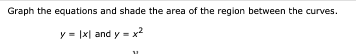 Graph the equations and shade the area of the region between the curves.
y = |x| and y = x2
