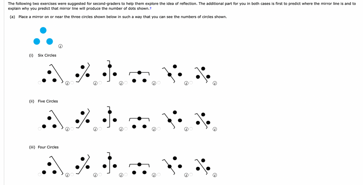 The following two exercises were suggested for second-graders to help them explore the idea of reflection. The additional part for you in both cases is first to predict where the mirror line is and to
explain why you predict that mirror line will produce the number of dots shown.t
(a) Place a mirror on or near the three circles shown below in such a way that you can see the numbers of circles shown.
(i) Six Circles
(ii) Five Circles
(iii) Four Circles